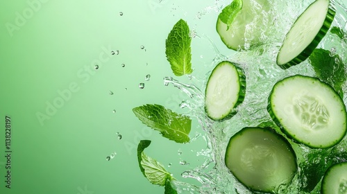 Fresh cucumber slices and mint leaves splash into cool water creating refreshing droplets in a vibrant setting