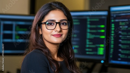 Free Download Indian woman works at computer programming with multiple screens displaying code in a modern office setting - GFXLoad