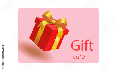Vector Gift Card and Blank Gift Certificate with red gift box Silk Ribbon and gold Satin Bow . Greeting or Sale Card, Isolated. Birthday, Christmas, Party Gifts, Invitation 