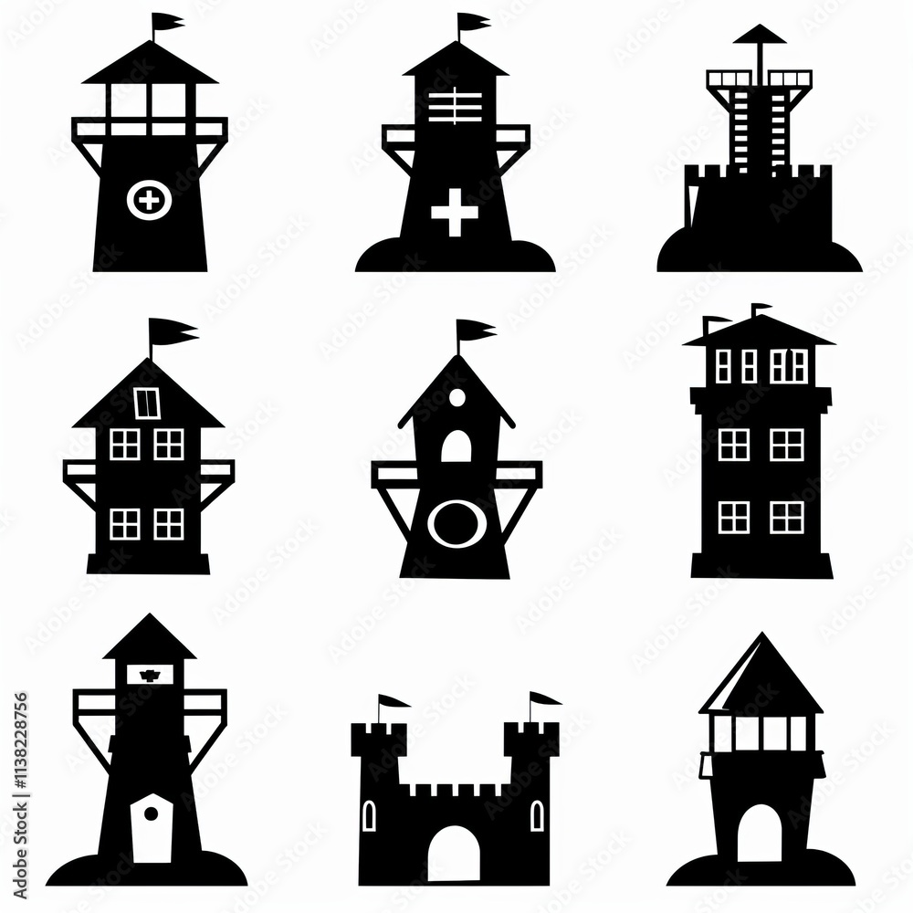 Fototapeta premium Castle icon, fairy tale forts, old towers, medieval castles, kingdom symbol, king home, fairytale fortress
