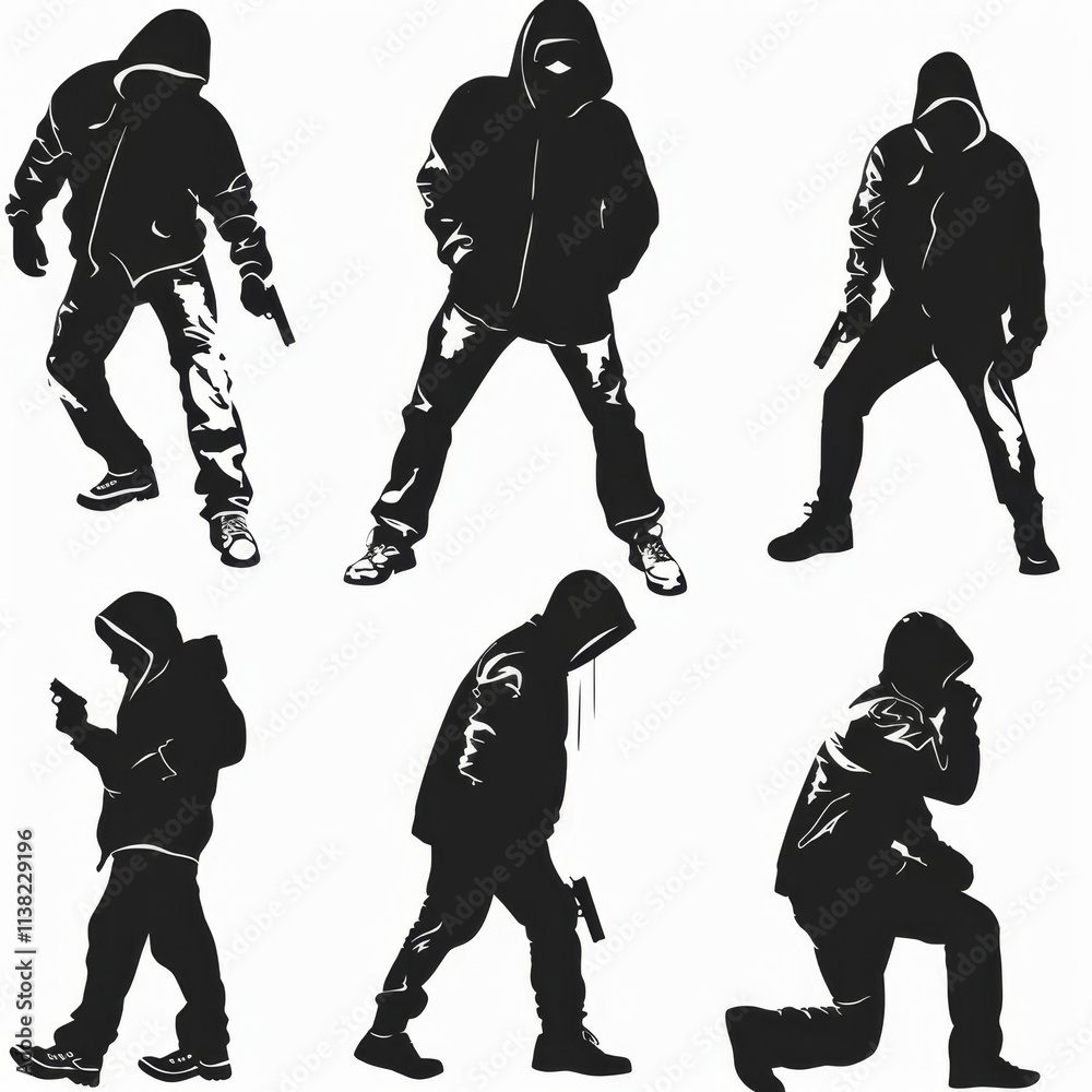 Obraz premium Thief icon, criminal person sign, bandit in mask, burglar silhouette, killer, gangster or robber in balaclava