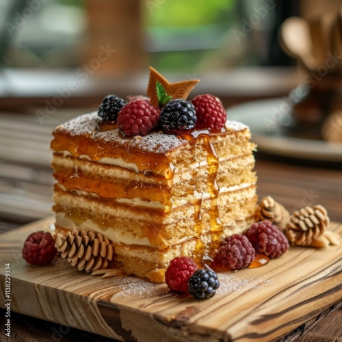 Honey cake slice, biscuit layered medovik dessert, homemade dessert with cream, sweet caramel pie