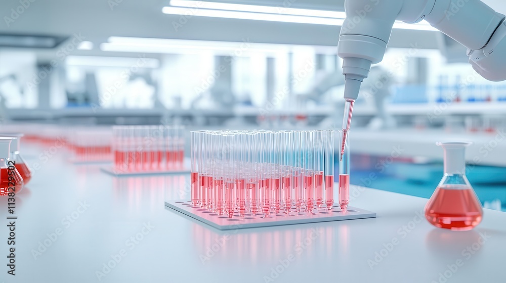 Highprecision pipettes and test tubes on a robotic assembly line, life sciences manufacturing theme, 3D illustration Highprecision pipettes and test tubes on a robotic assembly line, life sciences manufacturing theme, 3D illustration