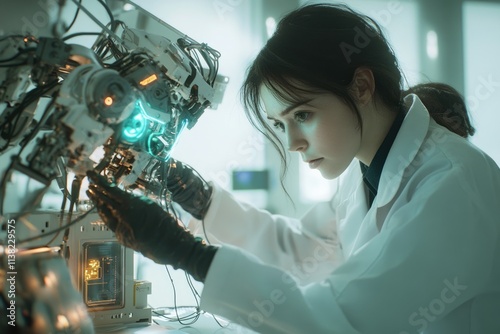 A female scientist meticulously works on a complex robotic mechanism, its glowing components hinting at advanced technology. photo