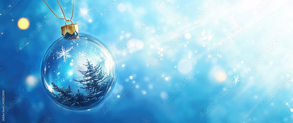 Fototapeta premium Christmas background with a blue sky and snowflakes in a glass ball featuring a Christmas tree inside. A shiny winter decoration perfect for greeting cards or banner designs with copy space