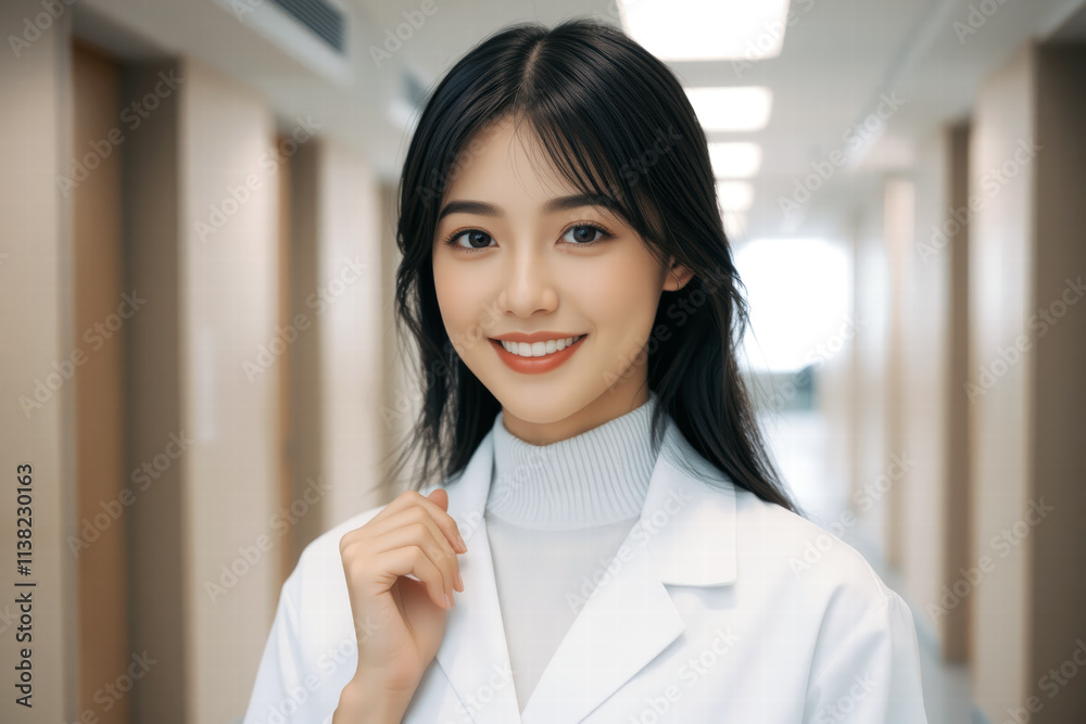smiling female doctor in white coat, standing in hospital corridor, exuding professionalism and warmth. Her confident demeanor inspires trust and care smiling female doctor in white coat, standing in hospital corridor, exuding professionalism and warmth. Her confident demeanor inspires trust and care