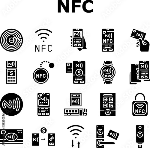 nfc technology contactless icons set vector. payment communication, proximity wireless, data transfer, chip tag, reader nfc technology contactless glyph pictogram Illustrations