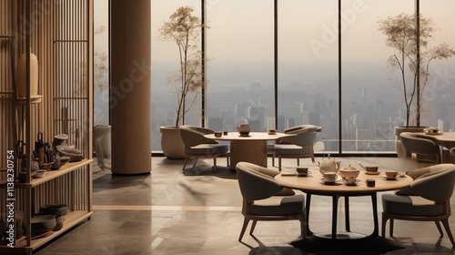 An interior rendering of a luxurious tea restaurant, designed with large windows offering stunning city views. Featuring light wood furniture and soft pastel colors, embodying tranquility and elegance
