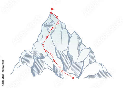Mountain climbing route to top rock with red flag on peak. Business journey path in progress, way to success or concept of goal. Vector illustration