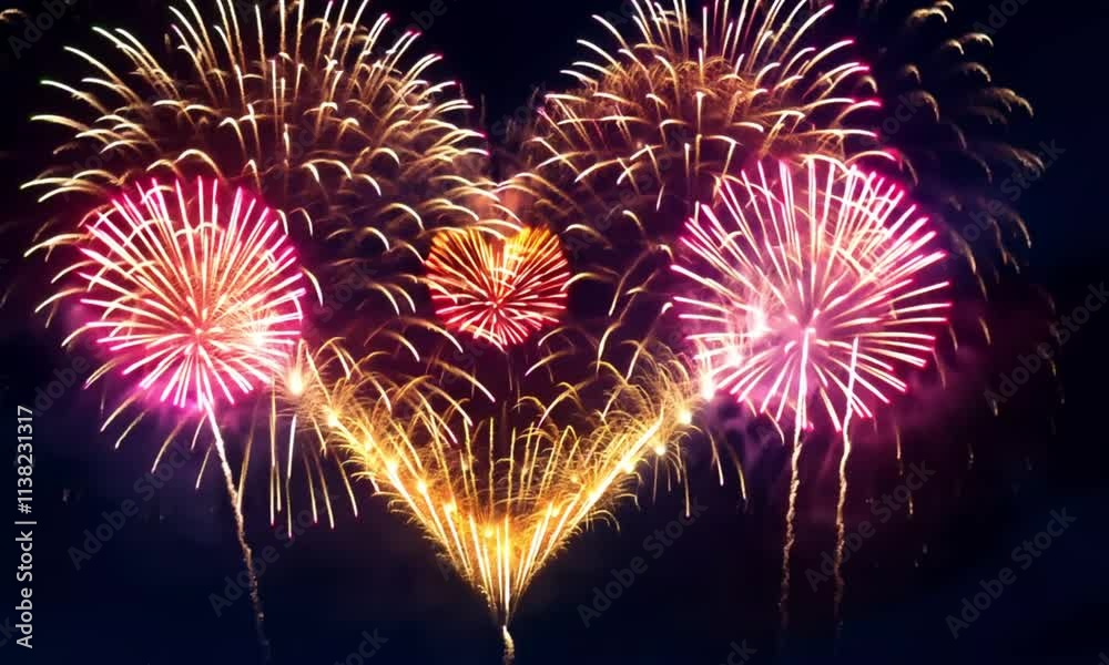 A stunning heart-shaped firework display, illuminating the dark night sky with vibrant colors including pink, red, yellow, green, and blue.