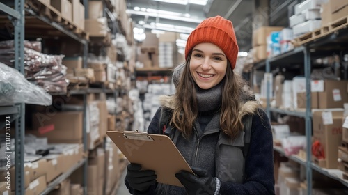 Warehouse worker in winter gear, horizontal, suitable for seasonal employment, logistics operations, retail distribution and winter hiring campaigns