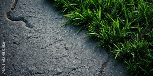 A patch of vibrant green grass growing through the cracks of a cracked gray asphalt surface photo