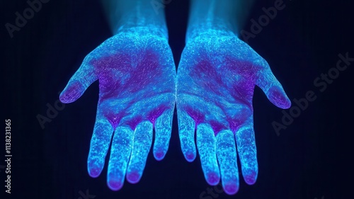Health warning and guidelines concept. Sterile hands under UV light with hygiene guidelines visualized, handwashing awareness concept