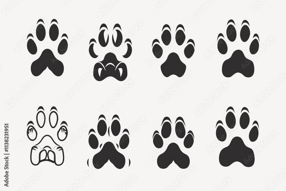 Paw footprint icon, animal foot print, dog step, wolf trail, bear trace silhouette, paw footprint on white Paw footprint icon, animal foot print, dog step, wolf trail, bear trace silhouette, paw footprint on white