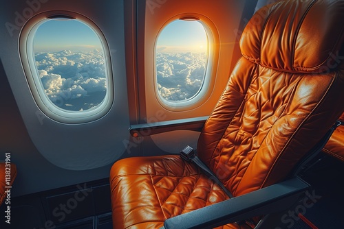 Empty Premium comfort First class orange seats, luxury armchairs in plane for travel