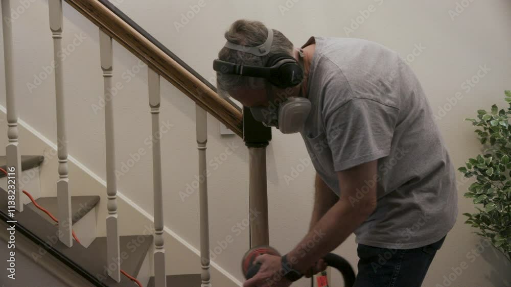 homeowner sanding the newel post of the stairs homeowner sanding the newel post of the stairs