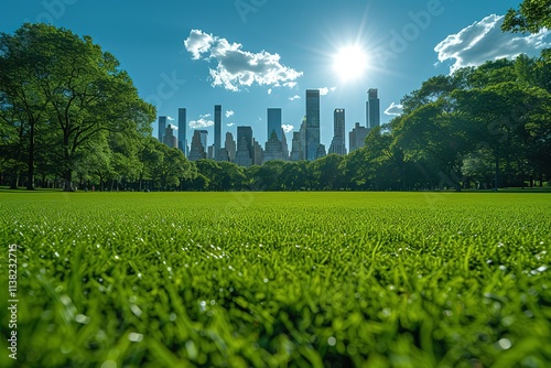 Green lawn at Central Park and Midtown Manhattan skyline skyscrapers at day time, New York City, USA Health care digital medicine hologram The concept of treatment and disease prevention