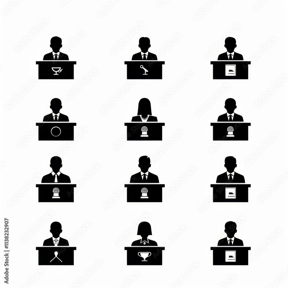 Speech stand icon, podium and microphone in conference room, speaker tribune, lecture stand Speech stand icon, podium and microphone in conference room, speaker tribune, lecture stand