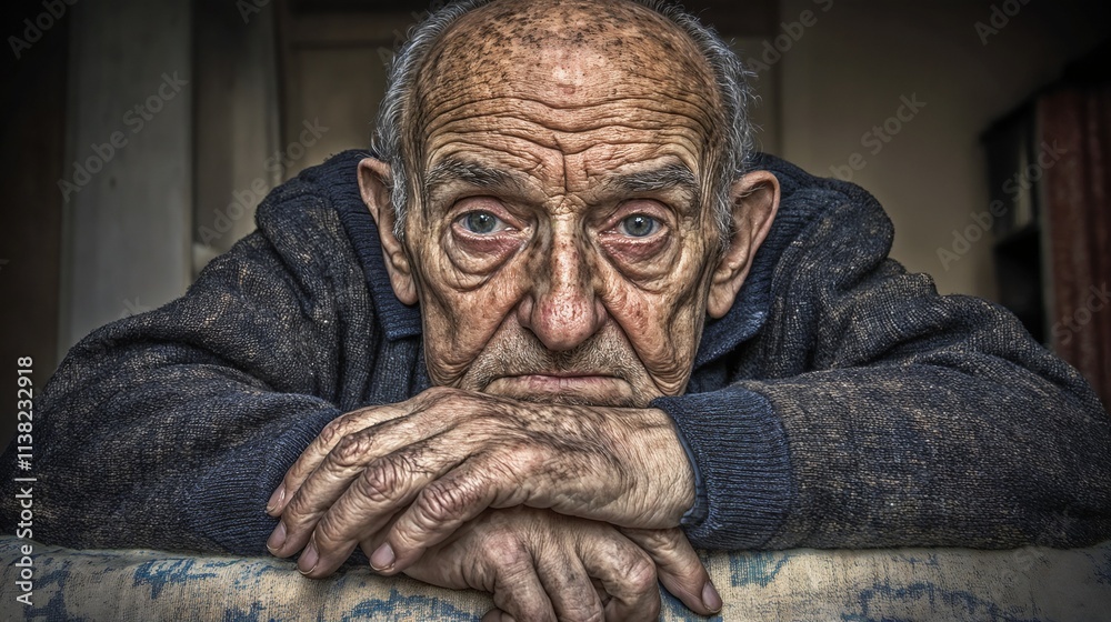 Contemplative Elderly Man with Weathered Features in Dimly Lit Setting Contemplative Elderly Man with Weathered Features in Dimly Lit Setting