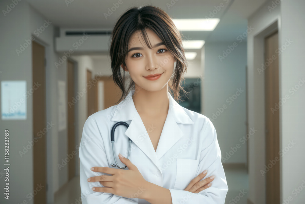 confident female doctor in white coat smiles warmly in hospital corridor, showcasing professionalism and care. Her stethoscope adds to her medical authority confident female doctor in white coat smiles warmly in hospital corridor, showcasing professionalism and care. Her stethoscope adds to her medical authority