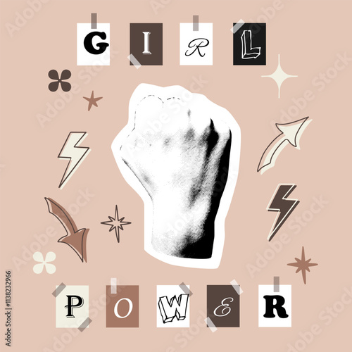 Empowering graphic collage with raised fist, Girl Power creative lettering and decorative element like stars, lightning bolts, and arrows in modern, retro inspired style. Vector greeting card