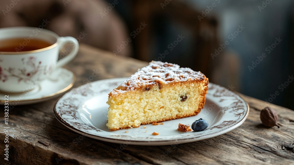 A single slice of crazy cake served on a chipped porcelain plate, paired with a steaming cup of tea on a rustic table A single slice of crazy cake served on a chipped porcelain plate, paired with a steaming cup of tea on a rustic table