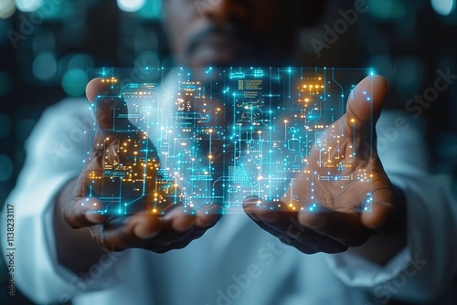 Hands, healthcare or futuristic 3d hologram overlay for wellness, life insurance in hospital clinic Zoom, black man or medical abstract for future medicine innovation or global digital development