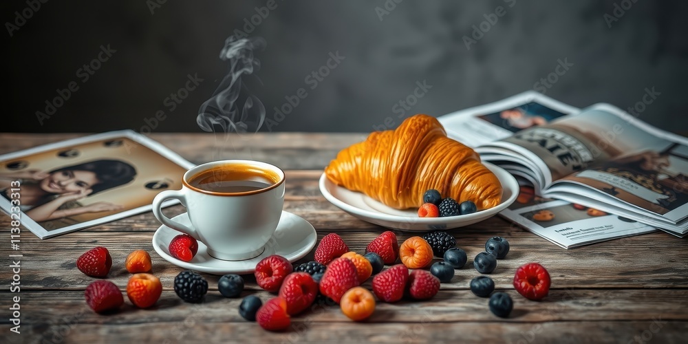 Fototapeta premium A steaming cup of coffee accompanied by a fresh croissant and scattered berries, a perfect start to the day.