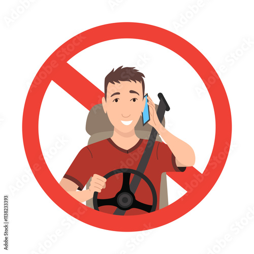 Phone while driving. Safety driving rules. Do not use mobile. Man talking on phone or using smartphone. Vector illustration