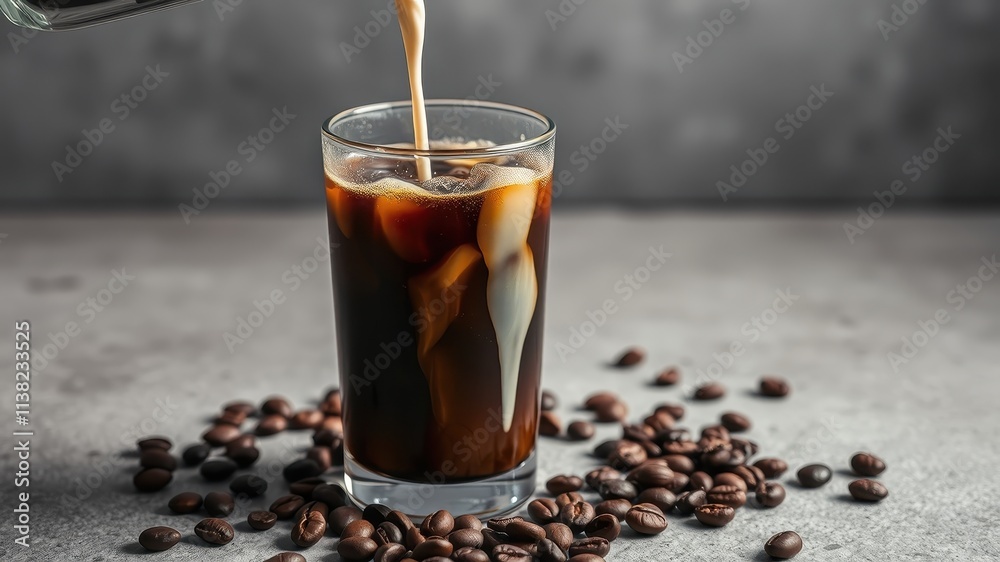 A glass of iced coffee with milk being poured over ice cubes, surrounded by scattered coffee beans on a gray background. A glass of iced coffee with milk being poured over ice cubes, surrounded by scattered coffee beans on a gray background.