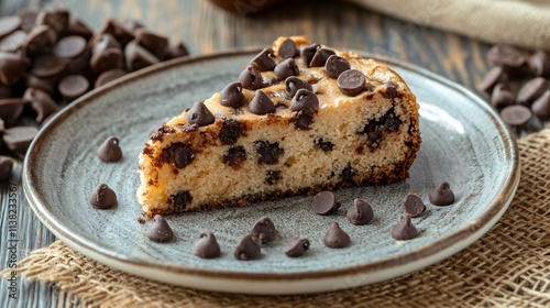 A slice of crazy cake with chocolate chips, served on a ceramic plate with a rustic burlap placemat