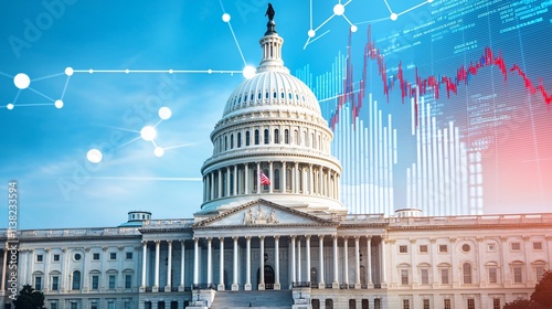 Government building with data visualization overlay, symbolizing finance and politics.