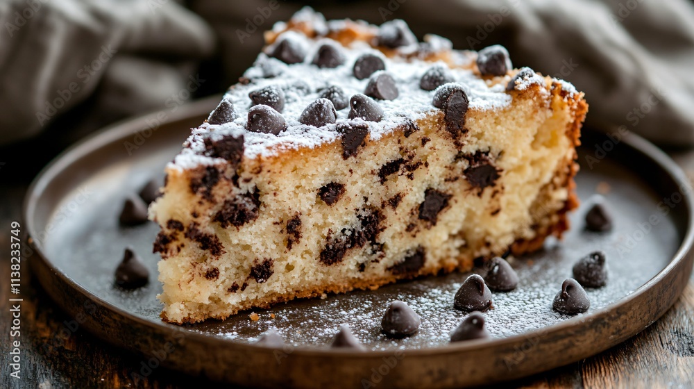 A slice of crazy cake with powdered sugar and chocolate chips, served on a rustic tin plate A slice of crazy cake with powdered sugar and chocolate chips, served on a rustic tin plate