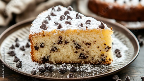 A slice of crazy cake with powdered sugar and chocolate chips, served on a rustic tin plate