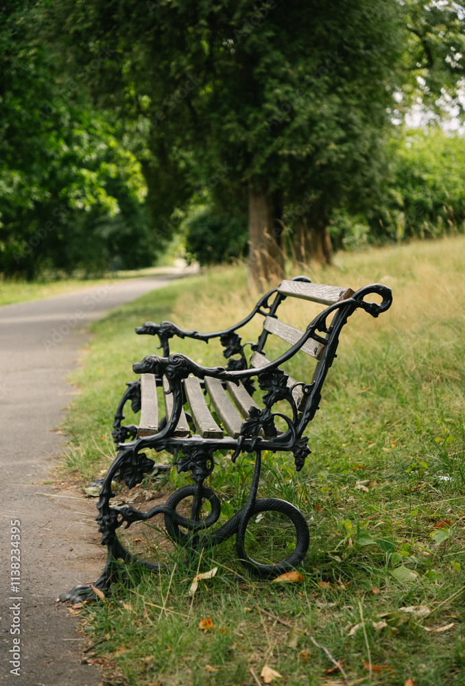 Ornate Black Metal Park Bench beside a Pathway Ornate Black Metal Park Bench beside a Pathway