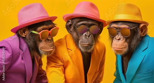 Chimpanzees in bright suits and hats against yellow wall. Stylish primates concept