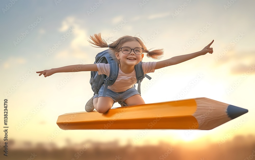 Whimsical Young Girl Riding a Pencil Through a Colorful Sky Creative Education Artwork AI Generated Whimsical Young Girl Riding a Pencil Through a Colorful Sky Creative Education Artwork AI Generated