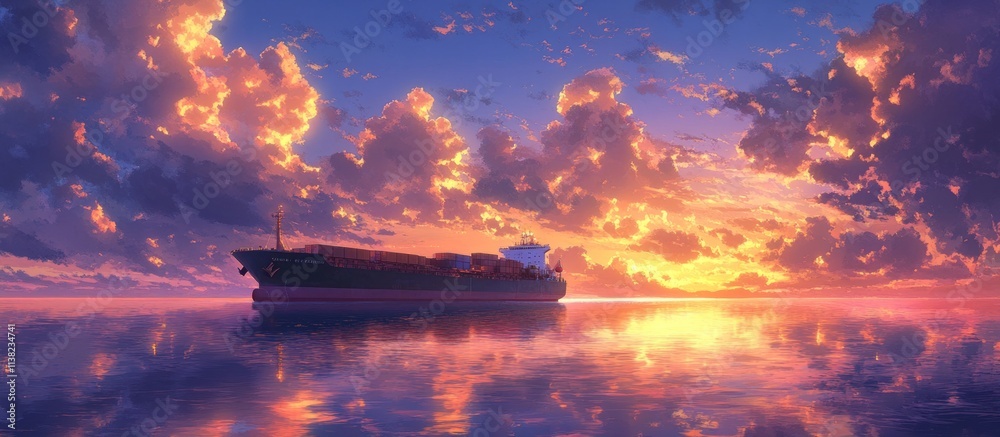 Container ship at sunset, ocean reflection. Container ship at sunset, ocean reflection.