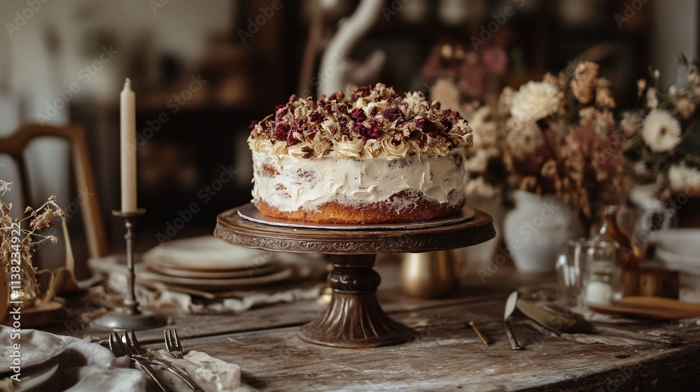 Rustic presentation of a crazy cake on a vintage cake stand, surrounded by dried flowers and antique cutlery Rustic presentation of a crazy cake on a vintage cake stand, surrounded by dried flowers and antique cutlery