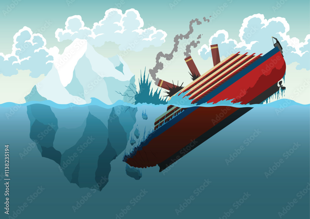 Shipwreck iceberg background. Transatlantic container ship crashed into an iceberg. Cartoon vector illustration upper and lower part of the sea