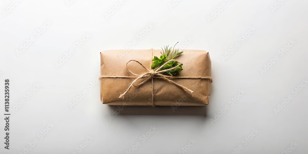 A simply wrapped gift, adorned with a sprig of greenery, rests on a pristine white background. A simply wrapped gift, adorned with a sprig of greenery, rests on a pristine white background.