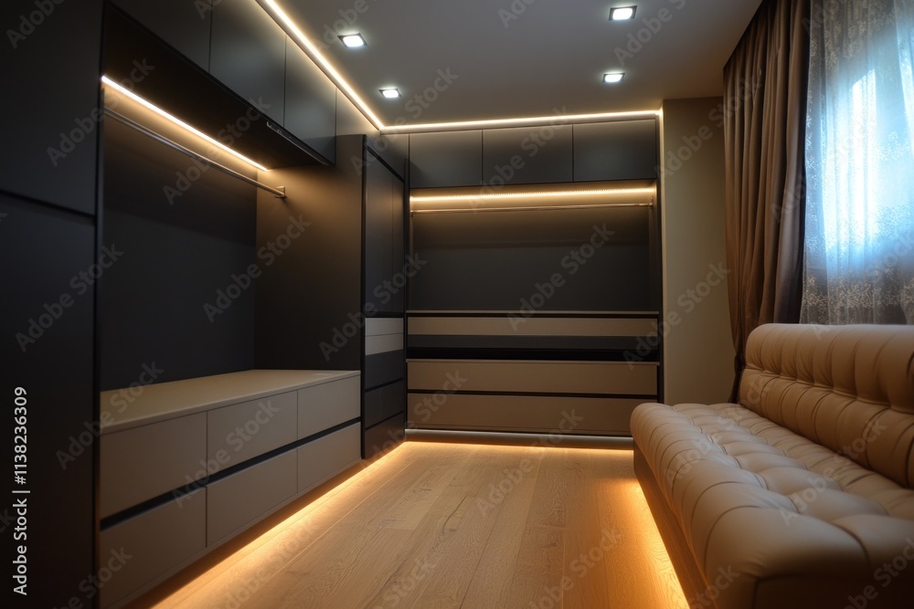 Modern walk-in closet with built-in cabinets, lighting, and seating. Modern walk-in closet with built-in cabinets, lighting, and seating.