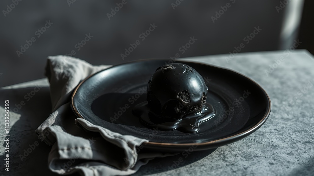 Fototapeta premium A solitary black ice cream scoop sits on a black plate, melting into a pool of dark chocolate, casting an ominous shadow on the textured surface.