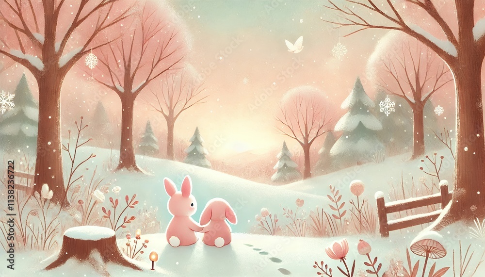 Obraz premium Whimsical Winter's End with Two Rabbits in a Gentle Pastel Forest