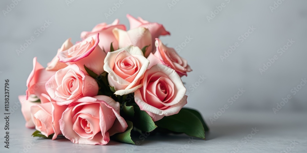 A delicate bouquet of blush pink roses, arranged with their petals unfurling in a graceful display, rests upon a subtle gray background. A delicate bouquet of blush pink roses, arranged with their petals unfurling in a graceful display, rests upon a subtle gray background.