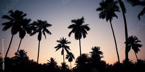 Silhouettes of palm trees against a soft, pastel sky at dusk, creating a tranquil and picturesque scene.