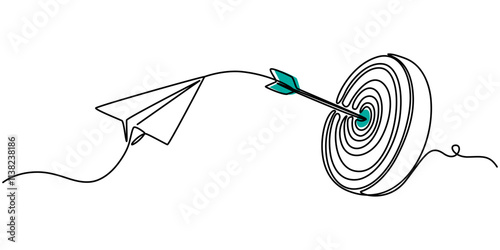 target and arrow with paper plane continuous one line drawing, Target continuous line drawing with color shapes, Paper plane icon isolated on white, Single line drawing of paper plane, Target.