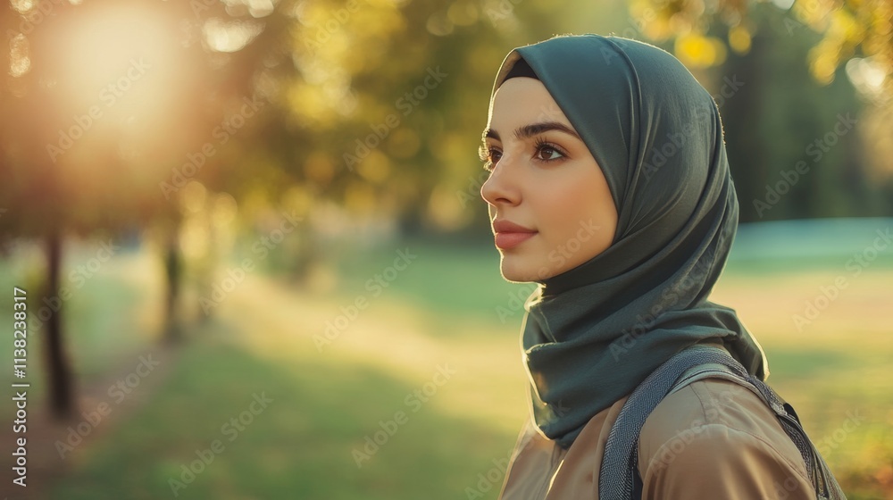 Muslim woman in s hijab and sport wear at park. Female sport with copy space Muslim woman in s hijab and sport wear at park. Female sport with copy space