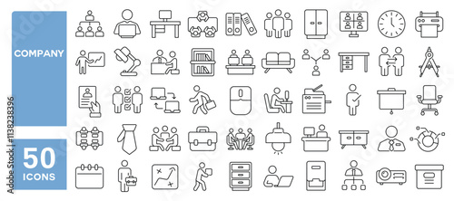 Set of 50 line icons related to company, manager, work, brand, office, employee, team, project, business, Editable stroke. Vector illustration