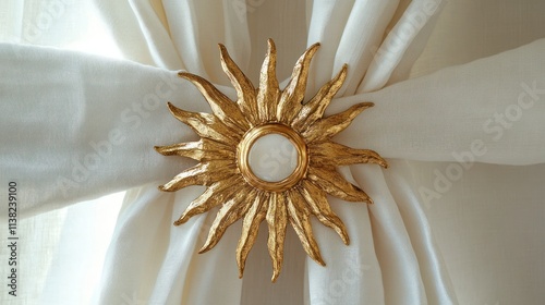 Gold sunburst curtain tieback on cream fabric. photo